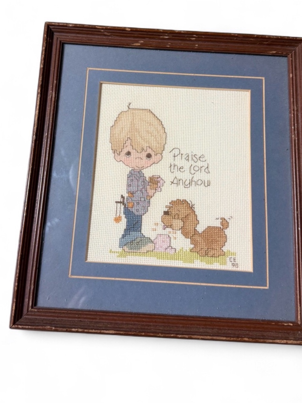 Precious Moments Blue and Brown Framed Cross-Stitch Print